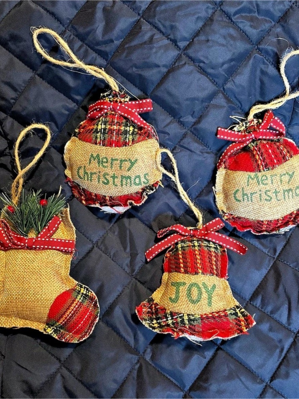Set of 4 Christmas Ornaments Red & Green. Burlap Handmade. Great Used Condition.